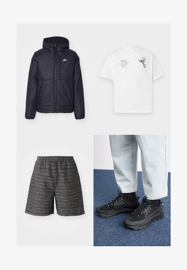 Čierna, polstrovaná bunda Nike so zipsom vpredu a kapucňou. Na ľavej strane hrude sa nachádza biele logo a sú tu dva predné vrecká. Hladký vonkajší povrch.; Biela bavlnená tričko s čiernym grafickým potlačou krídelnej postavy a textom, s okrúhlym výstrihom a krátkymi rukávmi.; Sivé šortky s elastickým pásom, vyrobené z textúrovanej látky s horizontálnymi pruhmi. Dĺžka po strednú časť stehna a voľný strih.; Čierne športové topánky s textúrovanou tkaninou a gumovou podrážkou, so elastickými šnúrkami a modrým akcentom na päte. Nosia sa s svetlými riflami.