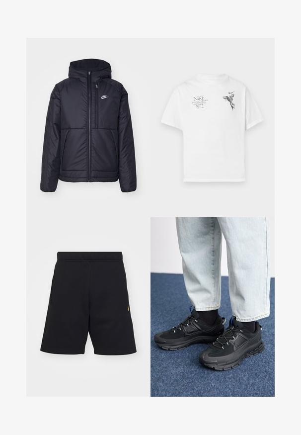 Crna Nike jakna s podstavom, dugmadi sprijeda i kapuljačom. Ima bijeli logotip na lijevoj strani prsnog koša i dva prednja džepa. Glatka vanjska tekstura.; Bijela pamučna majica s crnim grafičkim otiskom krilate figure i teksta, s okruglim izrezom i kratkim rukavima.; Crne kratke hlače od mekanog materijala, s elastičnom gumicom u struku, bočnim džepovima i malim zlatnim logotipom na donjoj lijevoj strani.; Crne atletske cipele s teksturiranom tkaninom i gumene potplate, s elastičnim vezicama i plavim akcentom na peti. Nosene su s svijetlim trapericama.