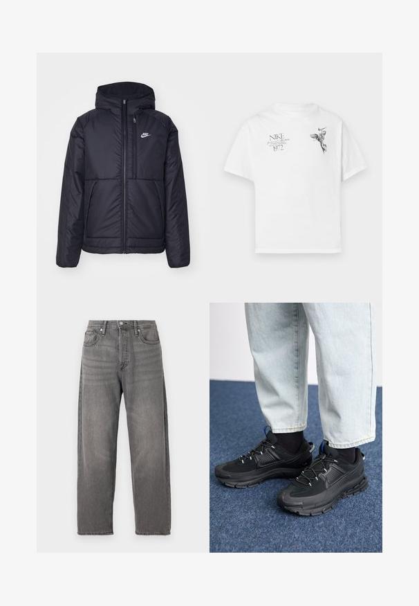 Must musta Nike jope, millel on ees lukuga avamine ja kapuuts. Vasakpoolne rind on kaunistatud valge logoga ning ees on kaks taskut. Sile välimine tekstuur.; Valge puuvillane T-särk, millel on must graafiline trükk tiivulise kuju ja tekstiga, ümardatud kaeluse ning lühikeste varrukatega.; Hallid denim püksid laia lõikega, sirgete jalgadega, viie tasku ja metallkinnitusega. Omab pleekinud tekstuuri ja õrna õmblust.; Mustad mustad jooksukingad, millel on tekstureeritud kangas ja kummist tallad, elastsed nöörid ning sinine aksent kandadel. Kandmine heledate teksadega.
