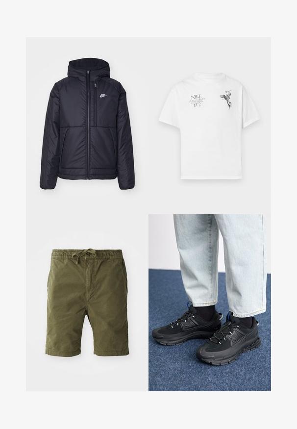 Schwarze, gepolsterte Nike-Jacke mit Frontreißverschluss und Kapuze. Hat ein weißes Logo auf der linken Brust und zwei Fronttaschen. Glattes äußeres Material.; Weißes Baumwoll-T-Shirt mit einem schwarzen Grafikdruck eines geflügelten Figures und Text, mit Rundhalsausschnitt und kurzen Ärmeln.; Olivgrüne Shorts aus weichem, strukturiertem Stoff. Mit einem elastischen Taillenbund und Zugband sowie seitlichen Taschen.; Schwarze Sportschuhe aus strukturiertem Stoff mit Gummisohlen, ausgestattet mit elastischen Schnürsenkeln und einem blauen Akzent an der Ferse. Getragen mit hellen Jeans.