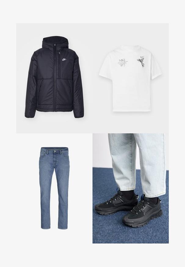 Veste Nike noire rembourrée avec une fermeture éclair sur le devant et une capuche. Elle présente un logo blanc sur la poitrine gauche et deux poches avant. Texture extérieure lisse.; T-shirt en coton blanc avec un imprimé graphique noir d'une figure ailée et du texte, avec un col rond et des manches courtes.; Jeans en denim bleu clair avec une coupe droite, cinq poches et une fermeture à bouton à l'avant avec des détails de couture contrastés.; Des chaussures de sport noires avec un tissu texturé et des semelles en caoutchouc, dotées de lacets élastiques et d'un accent bleu au talon. Portées avec un pantalon en denim clair.