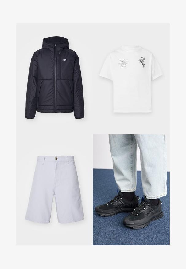 Svart, polstret Nike-jakke med frontglidelås og hette. Har en hvit logo på venstre bryst og doble frontlommer. Glatt ytterside.; Hvit bomull t-skjorte med svart grafisk trykk av en bevinget figur og tekst, med rund hals og korte ermer.; Lys blå bomullsshorts med knappeåpning, rett snitt, frontlommer og en glatt tekstur. Ingen mønstre eller detaljer synlige.; Svarte sportssko med teksturert stoff og gummisåler, med elastiske lisser og en blå detalj på hælen. Brukt med lyse denimbukser.