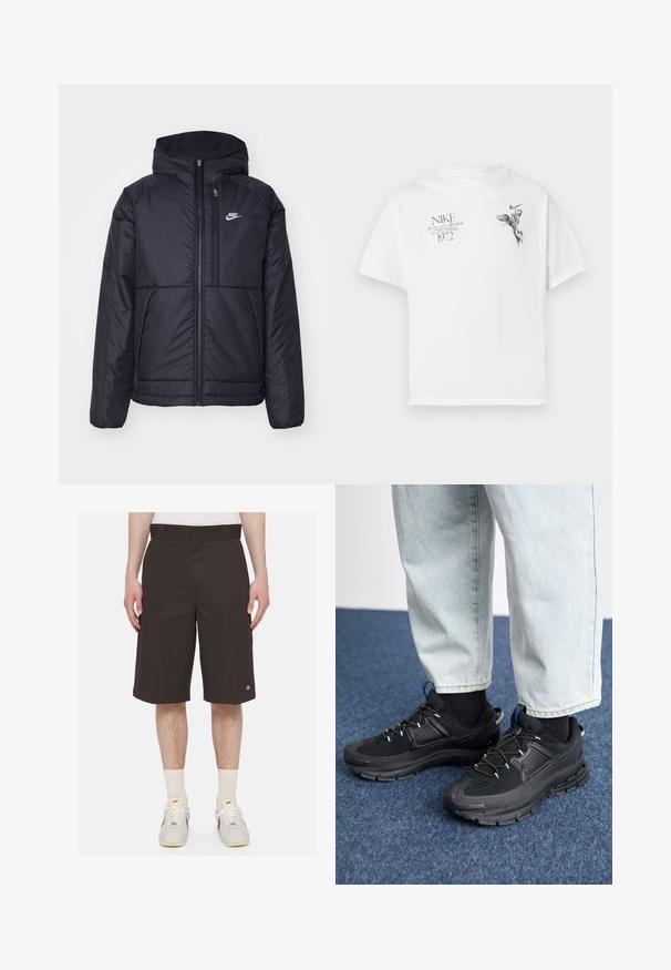 Svart, polstret Nike-jakke med frontglidelås og hette. Har en hvit logo på venstre bryst og doble frontlommer. Glatt ytterside.; Hvit bomull t-skjorte med svart grafisk trykk av en bevinget figur og tekst, med rund hals og korte ermer.; Mørkebrune shorts laget av slitesterkt stoff, har rett passform, lengde til midten av låret, og brodert logo på venstre ben.; Svarte sportssko med teksturert stoff og gummisåler, med elastiske lisser og en blå detalj på hælen. Brukt med lyse denimbukser.