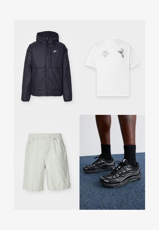 Crna Nike jakna s podstavom, dugmadi sprijeda i kapuljačom. Ima bijeli logotip na lijevoj strani prsnog koša i dva prednja džepa. Glatka vanjska tekstura.; Bijela pamučna majica s crnim grafičkim otiskom krilate figure i teksta, s okruglim izrezom i kratkim rukavima.; Svijetlosive kratke hlače od teksturiranog materijala, s elastičnim pojasom, dva bočna džepa i opuštenim krojem.; Crne Nike tenisice imaju gornji dio od mrežaste tkanine s naglasnim prugama, teksturiranim vezicama i crnom gumenom potplatom. Nosedne su s crnim rebrastim čarapama.