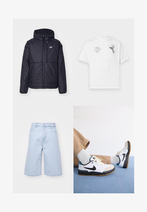 Chaqueta acolchada negra de Nike con cremallera frontal y capucha. Presenta un logo blanco en el lado izquierdo del pecho y dos bolsillos frontales. Textura exterior suave.; Camiseta blanca de algodón con un estampado gráfico negro de una figura alada y texto, con cuello redondo y mangas cortas.; Bermudas de mezclilla azul claro con un corte holgado, que cuentan con una cintura alta, cinco bolsillos y una cremallera. Bordes limpios con un desgastado mínimo.; Zapatillas Nike en blanco y negro con acentos azules, con parte superior de cuero suave, suela de goma y cierre de cordones. Calcetines gris claro y pantalones beige.