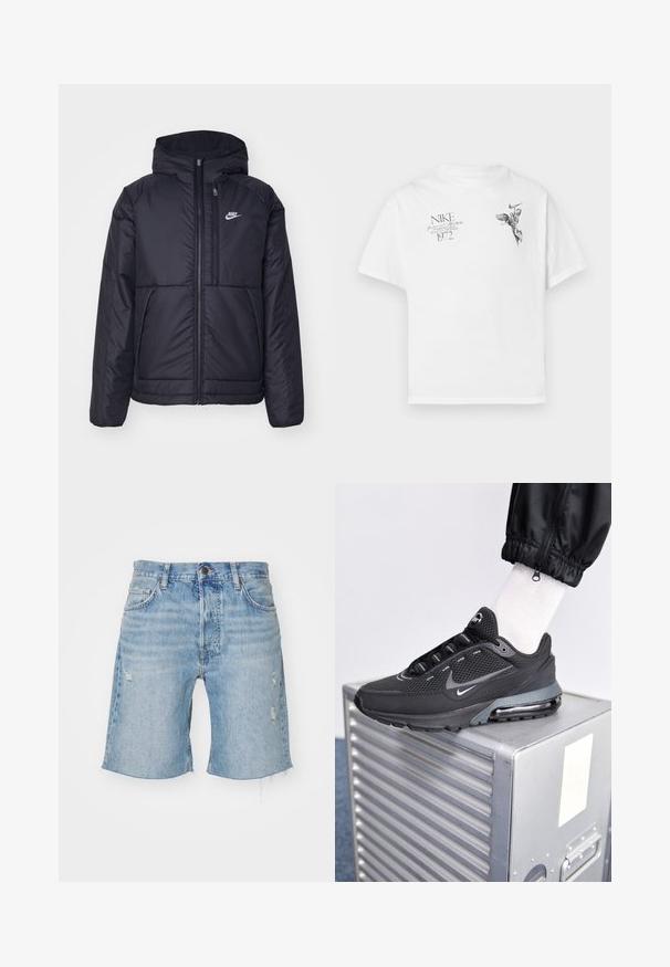 Chaqueta acolchada negra de Nike con cremallera frontal y capucha. Presenta un logo blanco en el lado izquierdo del pecho y dos bolsillos frontales. Textura exterior suave.; Camiseta blanca de algodón con un estampado gráfico negro de una figura alada y texto, con cuello redondo y mangas cortas.; Shorts de mezclilla en azul claro, con cintura alta, dobladillo deshilachado, detalles desgastados y diseño de cinco bolsillos. Cierre clásico de botón y cremallera.; Nike Sportswear PULSE - Zapatillas - black/anthracite
