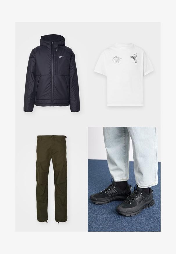 Črna, podložena Nike jakna z sprednjim zadrgo in kapuco. Ima bel logo na levem prsnem delu in dvojna sprednja žepa. Gladka zunanja tekstura.; Bela bombažna majica s črnim grafičnim potiskom krilate figure in besedilom, z okroglim izrezom in kratkimi rokavi.; Olive zelene cargo hlače, izdelane iz trpežne tkanine, z gumbom za zapiranje, več stranskimi žepi in elastičnimi manšetami na gležnjih.; Črne športne čevlje z teksturirano tkanino in gumijastimi podplati, ki imajo elastične vezalke ter modre poudarke na peti. Nosi se z lahkimi denim hlačami.