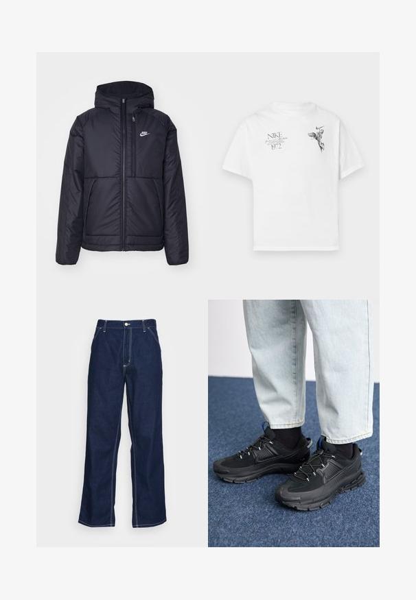 Črna, podložena Nike jakna z sprednjim zadrgo in kapuco. Ima bel logo na levem prsnem delu in dvojna sprednja žepa. Gladka zunanja tekstura.; Bela bombažna majica s črnim grafičnim potiskom krilate figure in besedilom, z okroglim izrezom in kratkimi rokavi.; Temno modri jeans hlače širokih nogavic, z visokim pasom, sprednjimi žepi in kontrastnim belim šivom ob šivih.; Črne športne čevlje z teksturirano tkanino in gumijastimi podplati, ki imajo elastične vezalke ter modre poudarke na peti. Nosi se z lahkimi denim hlačami.