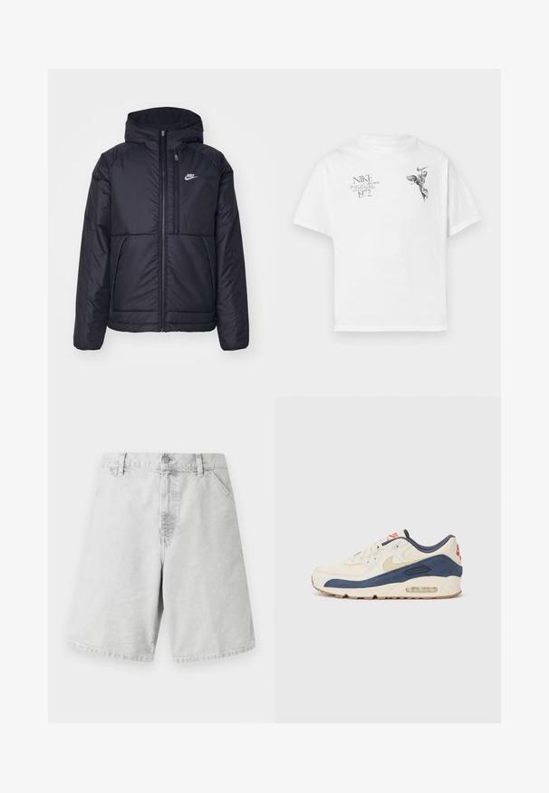 Jachetă Nike neagră, căptușită, cu fermoar pe față și glugă. Prezintă un logo alb pe pieptul stâng și două buzunare frontale. Textură exterioară netedă.; Tricou alb din bumbac cu un imprimeu grafic negru al unei figuri cu aripi și text, cu gât rotund și mâneci scurte.; Șorturi din bumbac gri deschis, cu un croi clasic, având fermoar, bucle pentru curea și buzunare laterale. Textură netedă cu un design simplu.; Adidași cu un superior din piele crem și suede bleumarin, având o talpă intermediară cu aer vizibil, talpă exterioară din cauciuc bej și un accent roșu pe toc.