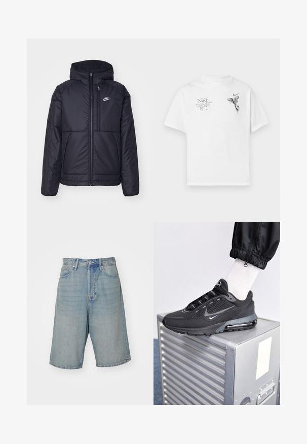 Giacca Nike nera, imbottita, con zip frontale e cappuccio. Presenta un logo bianco sul lato sinistro del petto e doppie tasche frontali. Texture esterna liscia.; T-shirt in cotone bianco con stampa grafica nera di una figura alata e testo, con collo tondo e maniche corte.; Jack & Jones Ron - Shorts di jeans - blue denim; Nike Sportswear PULSE - Sneakers basse - black/anthracite