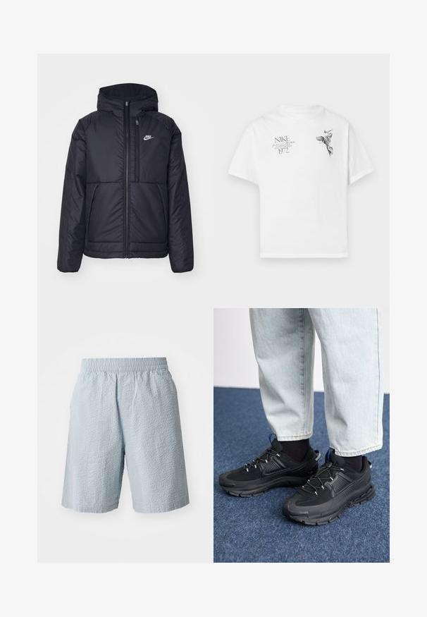 Veste Nike noire rembourrée avec une fermeture éclair sur le devant et une capuche. Elle présente un logo blanc sur la poitrine gauche et deux poches avant. Texture extérieure lisse.; T-shirt en coton blanc avec un imprimé graphique noir d'une figure ailée et du texte, avec un col rond et des manches courtes.; Shorts bleu clair en tissu texturé, avec taille élastique et poches latérales. Le design présente une coupe ample et une longueur jusqu'aux genoux.; Des chaussures de sport noires avec un tissu texturé et des semelles en caoutchouc, dotées de lacets élastiques et d'un accent bleu au talon. Portées avec un pantalon en denim clair.