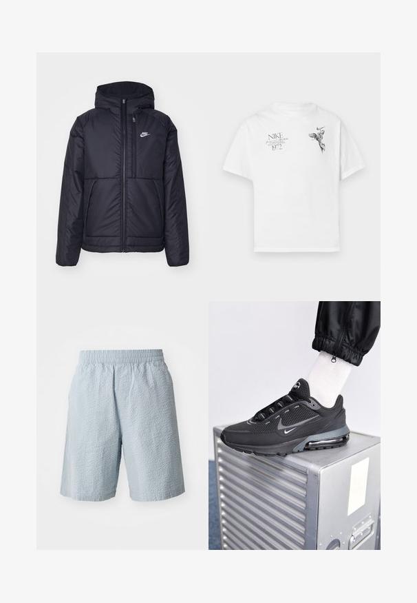 Czarna, pikowana kurtka Nike z przednim zamkiem błyskawicznym i kapturem. Posiada białe logo po lewej stronie klatki piersiowej oraz podwójne kieszenie z przodu. Gładka struktura zewnętrzna.; Biała koszulka z bawełny z czarnym graficznym nadrukiem skrzydlatej postaci oraz tekstem, z okrągłym dekoltem i krótkimi rękawami.; Jasnoniebieskie szorty z fakturowanej tkaniny, elastycznym pasem i bocznymi kieszeniami. Projekt charakteryzuje się luźnym krojem i długością do kolan.; Nike Sportswear PULSE czarny