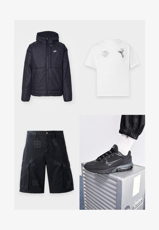 Zwarte, gewatteerde Nike-jas met een voorkant met ritssluiting en capuchon. Kenmerkt zich door een wit logo op de linkerborst en dubbele frontzakken. Gladde buitenkant.; Witte katoenen t-shirt met een zwarte grafische print van een gevleugeld figuur en tekst, met een ronde hals en korte mouwen.; Zwarte cargo-shorts met twee zijzakken, een knoopsluiting en ton-sur-ton grafische patronen. Gemaakt van een geprofileerde stof.; Nike Sportswear PULSE - Sneakers laag - black/anthracite