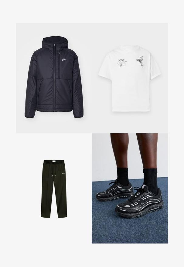 Casaco Nike preto, acolchoado, com fecho à frente e capuz. Apresenta um logo branco no lado esquerdo do peito e dois bolsos frontais. Textura exterior lisa.; T-shirt de algodão branco com uma impressão gráfica preta de uma figura alada e texto, com decote redondo e mangas curtas.; Calças verde-escuras com cintura ajustável por cordão, bolsos laterais e texto branco "LES DEUX" no lado esquerdo. Tecido suave e design ajustado.; Os sapatos pretos da Nike apresentam um upper em malha com riscas de destaque, atacadores texturizados e uma sola de borracha preta. Usados com meias pretas caneladas.