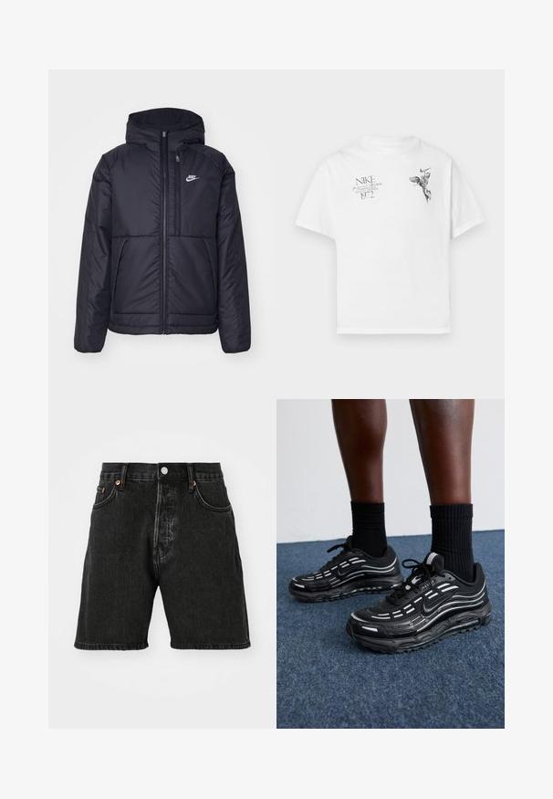 Veste Nike noire rembourrée avec une fermeture éclair sur le devant et une capuche. Elle présente un logo blanc sur la poitrine gauche et deux poches avant. Texture extérieure lisse.; T-shirt en coton blanc avec un imprimé graphique noir d'une figure ailée et du texte, avec un col rond et des manches courtes.; Shorts en denim noir avec une taille haute, un design à cinq poches, des boutons en cuivre et un ourlet brut. Le tissu a une légère texture avec un effet dégradé.; Des chaussures Nike noires présentent une tige en mesh avec des rayures d'accent, un laçage texturé et une semelle en caoutchouc noir. Portées avec des chaussettes noires côtelées.