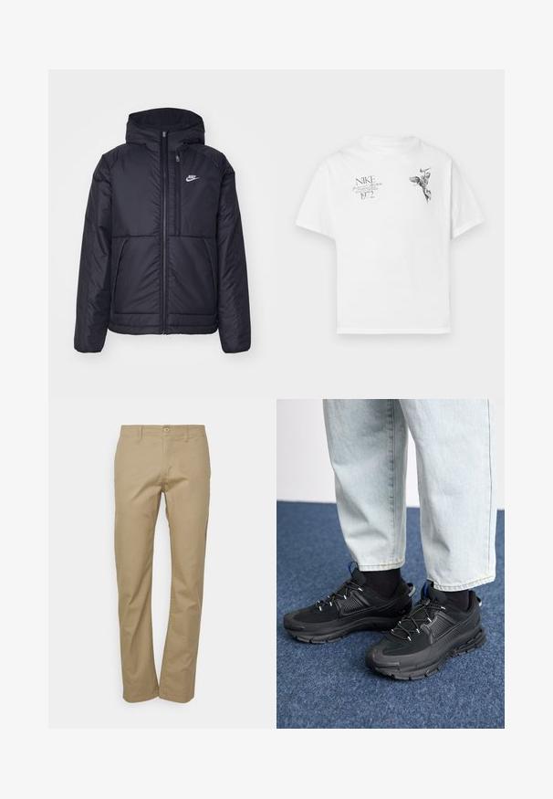 Must musta Nike jope, millel on ees lukuga avamine ja kapuuts. Vasakpoolne rind on kaunistatud valge logoga ning ees on kaks taskut. Sile välimine tekstuur.; Valge puuvillane T-särk, millel on must graafiline trükk tiivulise kuju ja tekstiga, ümardatud kaeluse ning lühikeste varrukatega.; Beezid chinos sirge jalaga, varustatud nupuga sulgemise, vöökohaga ja sileda puuvilla kangaga.; Mustad mustad jooksukingad, millel on tekstureeritud kangas ja kummist tallad, elastsed nöörid ning sinine aksent kandadel. Kandmine heledate teksadega.