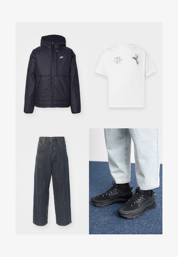 Črna, podložena Nike jakna z sprednjim zadrgo in kapuco. Ima bel logo na levem prsnem delu in dvojna sprednja žepa. Gladka zunanja tekstura.; Bela bombažna majica s črnim grafičnim potiskom krilate figure in besedilom, z okroglim izrezom in kratkimi rokavi.; Široke temno modre jeans hlače iz denima z diskretnimi poškodovanji, petimi žepi ter klasično zaponko in zadrgo v pasu.; Črne športne čevlje z teksturirano tkanino in gumijastimi podplati, ki imajo elastične vezalke ter modre poudarke na peti. Nosi se z lahkimi denim hlačami.
