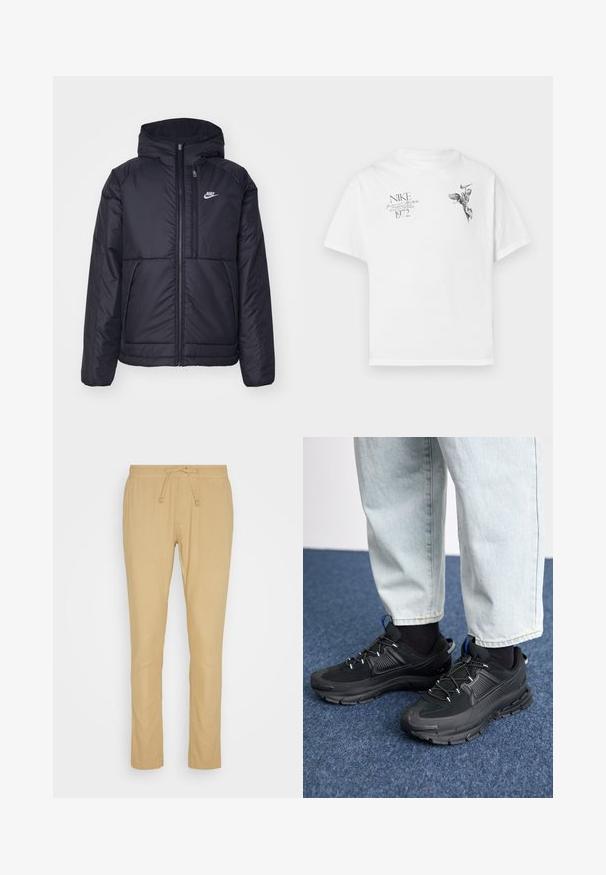 Chaqueta acolchada negra de Nike con cremallera frontal y capucha. Presenta un logo blanco en el lado izquierdo del pecho y dos bolsillos frontales. Textura exterior suave.; Camiseta blanca de algodón con un estampado gráfico negro de una figura alada y texto, con cuello redondo y mangas cortas.; Pantalones beiges de tejido ligero, con cinturilla elástica y cordón ajustable, corte recto y textura suave.; Zapatillas deportivas negras con tejido texturizado y suelas de goma, con cordones elásticos y un acento azul en el talón. Combinadas con pantalones de mezclilla claros.