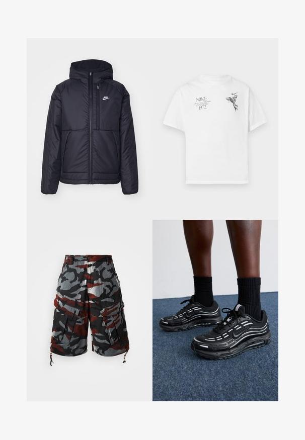 Črna, podložena Nike jakna z sprednjim zadrgo in kapuco. Ima bel logo na levem prsnem delu in dvojna sprednja žepa. Gladka zunanja tekstura.; Bela bombažna majica s črnim grafičnim potiskom krilate figure in besedilom, z okroglim izrezom in kratkimi rokavi.; Kamuflažne cargo kratke hlače v rdeči, črni in sivi barvi. Ponašajo se z več žepi, nastavljivimi vrvicami na robovih in sproščenim krojem.; Črne Nike čevlje imajo mrežasto zgornji del z naglasnimi črtami, teksturirane vezalke in črn gumijast podplat. Nosijo se s črnimi rebrastimi nogavicami.