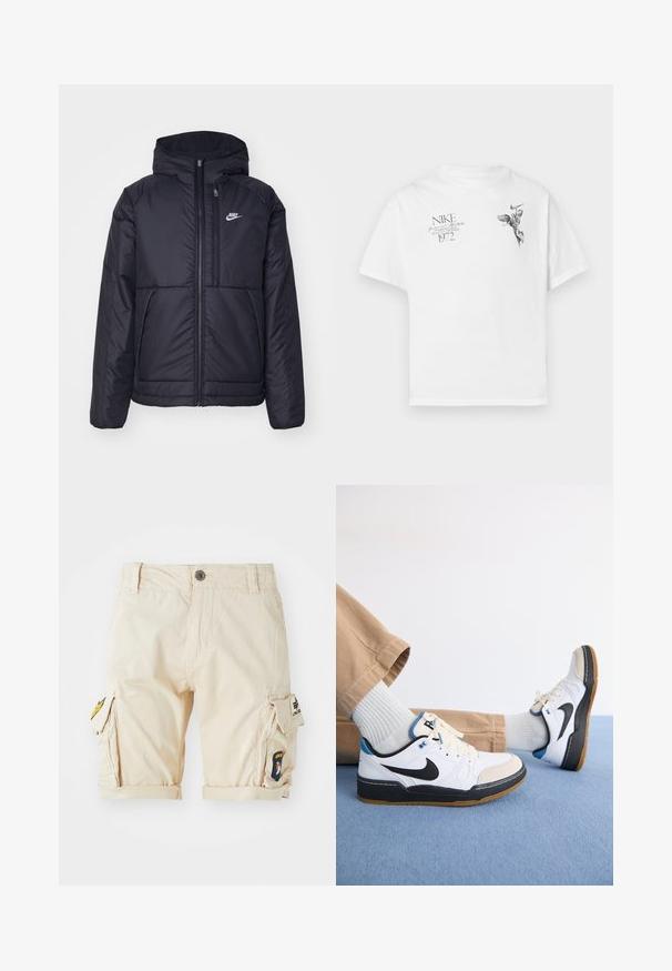 Čierna, polstrovaná bunda Nike so zipsom vpredu a kapucňou. Na ľavej strane hrude sa nachádza biele logo a sú tu dva predné vrecká. Hladký vonkajší povrch.; Biela bavlnená tričko s čiernym grafickým potlačou krídelnej postavy a textom, s okrúhlym výstrihom a krátkymi rukávmi.; Béžové cargo šortky vyrobené z bavlny, s prehnutými manžetami, bočnými vreckami a vyšívanými nášivkami na nohe. Klasický strih a úžitkový dizajn.; Biele a čierne tenisky Nike s modrými akcentmi, s hladkým koženým zvrškom, gumovou podrážkou a šnurovaním. Svetlosivé ponožky a béžové nohavice.