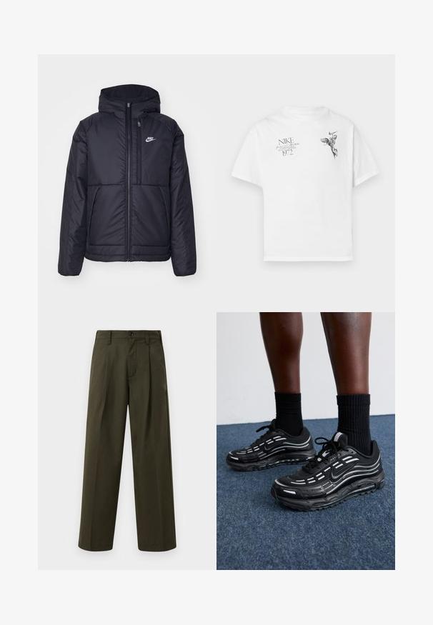 Juodas, paminkštintas Nike džemperis su priekyje užtrauktuku ir gobtuvu. Pasižymi balta logo kairėje krūtinės pusėje ir dviem priekinėmis kišenėmis. Su lygiu išoriniu paviršiumi.; Balta medvilninė marškinėlių su apvaliu kaklu ir trumpomis rankovėmis, ant kurios yra juodas grafikas sparnuoto figūros ir tekstas.; Alyvuogių žalios spalvos plačios kojos kelnės, pagamintos iš medvilnės su lygiu paviršiumi. Jos turi priekines kišenes, diržo kilpas ir vieną sagos užsegimą.; Juodi Nike batai turi orui pralaidžią viršutinę dalį su akcento juostelėmis, tekstūruotais raišteliais ir juodu guminio pado. Dėvimi su juodais šonkauliniais sokais.