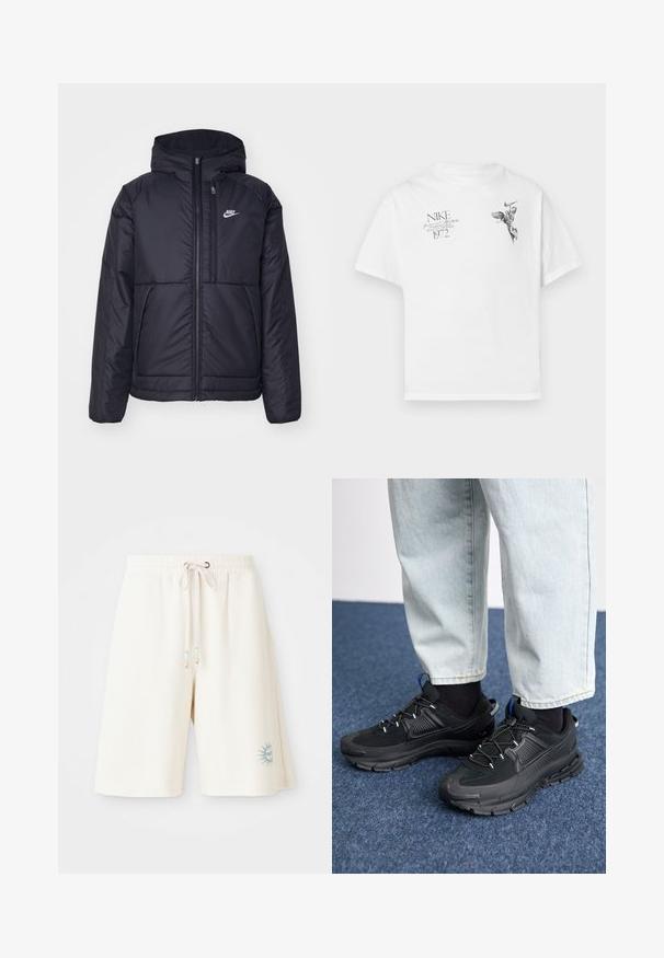 Czarna, pikowana kurtka Nike z przednim zamkiem błyskawicznym i kapturem. Posiada białe logo po lewej stronie klatki piersiowej oraz podwójne kieszenie z przodu. Gładka struktura zewnętrzna.; Biała koszulka z bawełny z czarnym graficznym nadrukiem skrzydlatej postaci oraz tekstem, z okrągłym dekoltem i krótkimi rękawami.; Jasne kremowe szorty wykonane z teksturowanej tkaniny z elastycznym pasem, regulowanym sznurkiem i nadrukowanym wzorem słońca na lewej nodze.; Czarne buty sportowe z teksturowanej tkaniny i gumowymi podeszwami, z elastycznymi sznurówkami i niebieskim akcentem na pięcie. Noszone z jasnymi dżinsami.