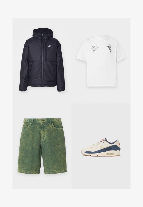 Veste Nike noire rembourrée avec une fermeture éclair sur le devant et une capuche. Elle présente un logo blanc sur la poitrine gauche et deux poches avant. Texture extérieure lisse.; T-shirt en coton blanc avec un imprimé graphique noir d'une figure ailée et du texte, avec un col rond et des manches courtes.; Shorts en velours côtelé vert avec un motif à rayures texturé, un design à cinq poches et une fermeture à bouton. Accents plus clairs subtils sur l'ensemble.; Baskets avec un dessus en cuir crème et en suède bleu marine, dotées d'une semelle à air visible, d'une semelle en caoutchouc beige et d'un accent rouge au talon.