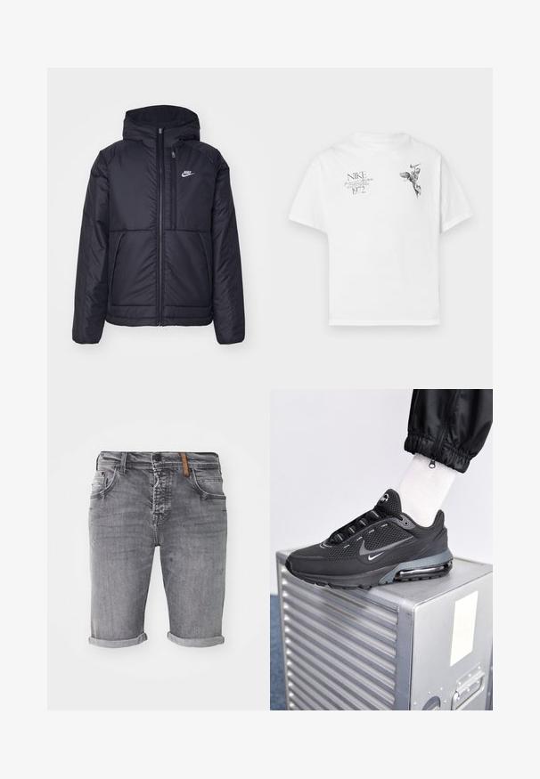 Chaqueta acolchada negra de Nike con cremallera frontal y capucha. Presenta un logo blanco en el lado izquierdo del pecho y dos bolsillos frontales. Textura exterior suave.; Camiseta blanca de algodón con un estampado gráfico negro de una figura alada y texto, con cuello redondo y mangas cortas.; Shorts de mezclilla gris con dobladillos enrollados, que presentan un diseño clásico de cinco bolsillos y ligeros detalles desgastados. Confeccionados en una tela suave y duradera.; Nike Sportswear PULSE - Zapatillas - black/anthracite