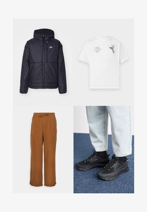 Zwarte, gewatteerde Nike-jas met een voorkant met ritssluiting en capuchon. Kenmerkt zich door een wit logo op de linkerborst en dubbele frontzakken. Gladde buitenkant.; Witte katoenen t-shirt met een zwarte grafische print van een gevleugeld figuur en tekst, met een ronde hals en korte mouwen.; Bruine linnen broek met een losse pasvorm, elastische tailleband, trekkoordstrik en twee voorplooien voor extra textuur. Opgerolde manchetten aan de zoom.; Zwarte sportschoenen met gestructureerde stof en rubberen zolen, met elastische veters en een blauwe accent op de hiel. Draag samen met lichte spijkerbroeken.