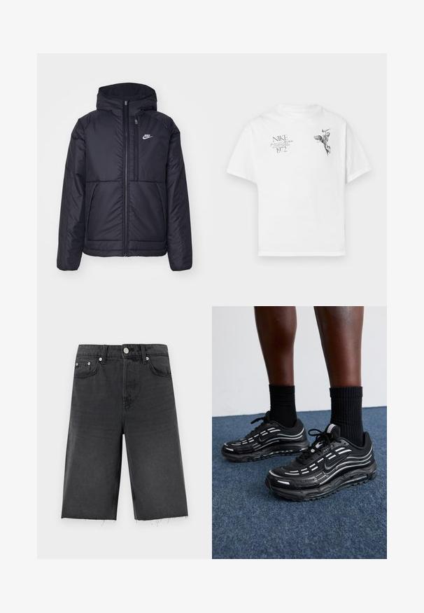 Svart, polstret Nike-jakke med frontglidelås og hette. Har en hvit logo på venstre bryst og doble frontlommer. Glatt ytterside.; Hvit bomull t-skjorte med svart grafisk trykk av en bevinget figur og tekst, med rund hals og korte ermer.; Sorte denimshorts med rett snitt, med en litt opprevet søm, beltehemper, fem lommer og knapper i sølvfarge.; Sorte Nike-sko har en mesh-overdel med aksentstriper, teksturert snøring og en svart gummisåle. Brukt med svarte ribbede sokker.