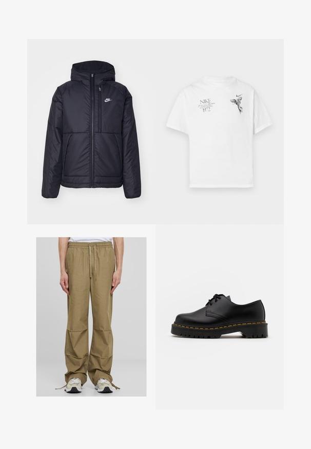 Zwarte, gewatteerde Nike-jas met een voorkant met ritssluiting en capuchon. Kenmerkt zich door een wit logo op de linkerborst en dubbele frontzakken. Gladde buitenkant.; Witte katoenen t-shirt met een zwarte grafische print van een gevleugeld figuur en tekst, met een ronde hals en korte mouwen.; Licht kaki cargobroek met een elastische tailleband, trekkoordsluiting en een brede, ontspannen pasvorm. Voorzien van zijzakken en een gladde stoftextuur.; Zwarte leren veterschoen met een ronde neus, getextureerde rubberen zool en gele stiksels rond de basis. Plat ontwerp en een gladde afwerking.