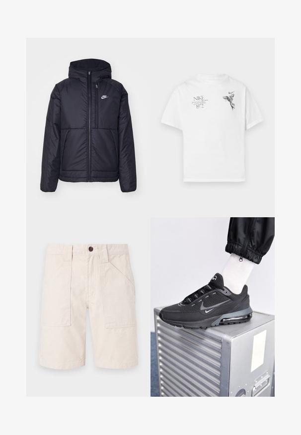 Czarna, pikowana kurtka Nike z przednim zamkiem błyskawicznym i kapturem. Posiada białe logo po lewej stronie klatki piersiowej oraz podwójne kieszenie z przodu. Gładka struktura zewnętrzna.; Biała koszulka z bawełny z czarnym graficznym nadrukiem skrzydlatej postaci oraz tekstem, z okrągłym dekoltem i krótkimi rękawami.; Beżowe szorty bawełniane z prostym krojem, dwiema kieszeniami po bokach, elastycznym paskiem z szlufkami oraz brązowym zapięciem na guzik.; Nike Sportswear PULSE czarny