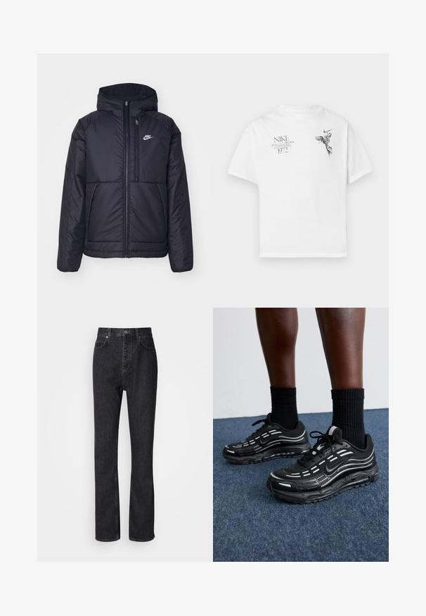 Svart, polstret Nike-jakke med frontglidelås og hette. Har en hvit logo på venstre bryst og doble frontlommer. Glatt ytterside.; Hvit bomull t-skjorte med svart grafisk trykk av en bevinget figur og tekst, med rund hals og korte ermer.; Høytlivte svarte denimjeans med knappe- og glidelås-lukking, front- og baklommer, og rett ben-passform.; Sorte Nike-sko har en mesh-overdel med aksentstriper, teksturert snøring og en svart gummisåle. Brukt med svarte ribbede sokker.
