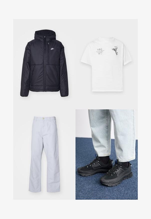 Veste Nike noire rembourrée avec une fermeture éclair sur le devant et une capuche. Elle présente un logo blanc sur la poitrine gauche et deux poches avant. Texture extérieure lisse.; T-shirt en coton blanc avec un imprimé graphique noir d'une figure ailée et du texte, avec un col rond et des manches courtes.; Pantalon droit bleu clair en coton. Comprend une poche frontale, un zip et un seul bouton en métal à la taille.; Des chaussures de sport noires avec un tissu texturé et des semelles en caoutchouc, dotées de lacets élastiques et d'un accent bleu au talon. Portées avec un pantalon en denim clair.