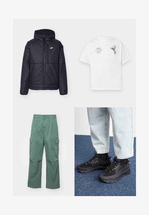 Črna, podložena Nike jakna z sprednjim zadrgo in kapuco. Ima bel logo na levem prsnem delu in dvojna sprednja žepa. Gladka zunanja tekstura.; Bela bombažna majica s črnim grafičnim potiskom krilate figure in besedilom, z okroglim izrezom in kratkimi rokavi.; Zelene cargo hlače iz bombaža, ki imajo ohlapen kroj, široka nogavica in stranska žepa. Tkanina ima gladko teksturo brez vzorcev.; Črne športne čevlje z teksturirano tkanino in gumijastimi podplati, ki imajo elastične vezalke ter modre poudarke na peti. Nosi se z lahkimi denim hlačami.