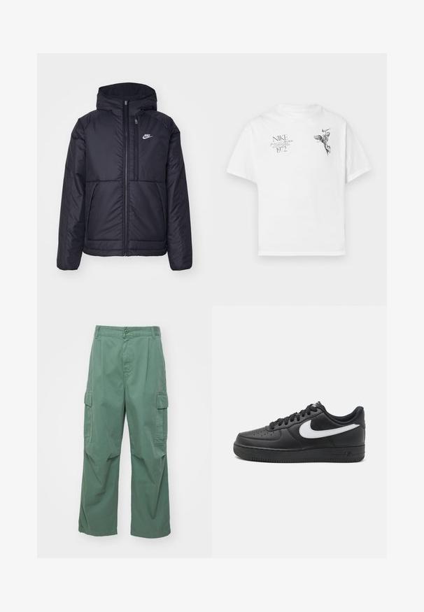 Crna Nike jakna s podstavom, dugmadi sprijeda i kapuljačom. Ima bijeli logotip na lijevoj strani prsnog koša i dva prednja džepa. Glatka vanjska tekstura.; Bijela pamučna majica s crnim grafičkim otiskom krilate figure i teksta, s okruglim izrezom i kratkim rukavima.; Zelene cargo hlače od pamuka, s ležernim krojem, širokim nogavicama i bočnim džepovima. Tkanina ima glatku teksturu bez uzoraka.; Crne Nike Air Force 1 tenisice s glatkom kožnom gornjom površinom, bijelim logotipom, perforiranim prstom i teksturiranom gumenom potplatom.