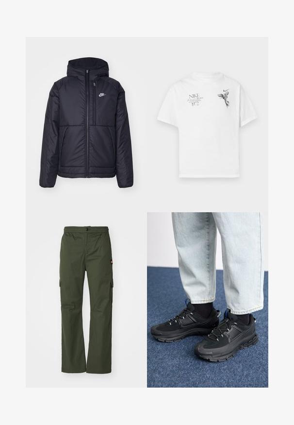 Čierna, polstrovaná bunda Nike so zipsom vpredu a kapucňou. Na ľavej strane hrude sa nachádza biele logo a sú tu dva predné vrecká. Hladký vonkajší povrch.; Biela bavlnená tričko s čiernym grafickým potlačou krídelnej postavy a textom, s okrúhlym výstrihom a krátkymi rukávmi.; Olivovo zelené cargo nohavice s gombíkovým zapínaním, elastickým pásom a bočnými vreckami, vyrobené z ľahkého materiálu s hladkou textúrou.; Čierne športové topánky s textúrovanou tkaninou a gumovou podrážkou, so elastickými šnúrkami a modrým akcentom na päte. Nosia sa s svetlými riflami.