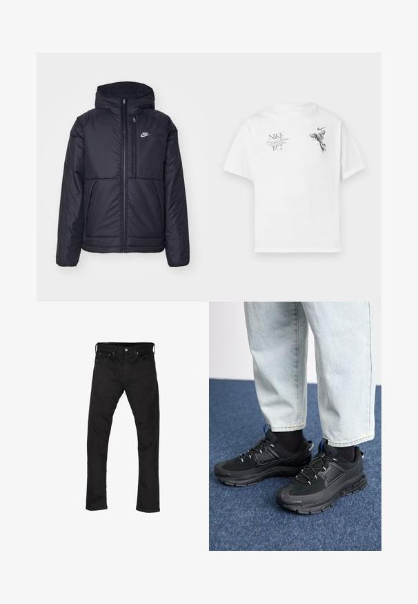 Črna, podložena Nike jakna z sprednjim zadrgo in kapuco. Ima bel logo na levem prsnem delu in dvojna sprednja žepa. Gladka zunanja tekstura.; Bela bombažna majica s črnim grafičnim potiskom krilate figure in besedilom, z okroglim izrezom in kratkimi rokavi.; Črne slim-fit kavbojke z petimi žepi in gumbom za zapiranje, prikazane na ravni beli podlagi.; Črne športne čevlje z teksturirano tkanino in gumijastimi podplati, ki imajo elastične vezalke ter modre poudarke na peti. Nosi se z lahkimi denim hlačami.