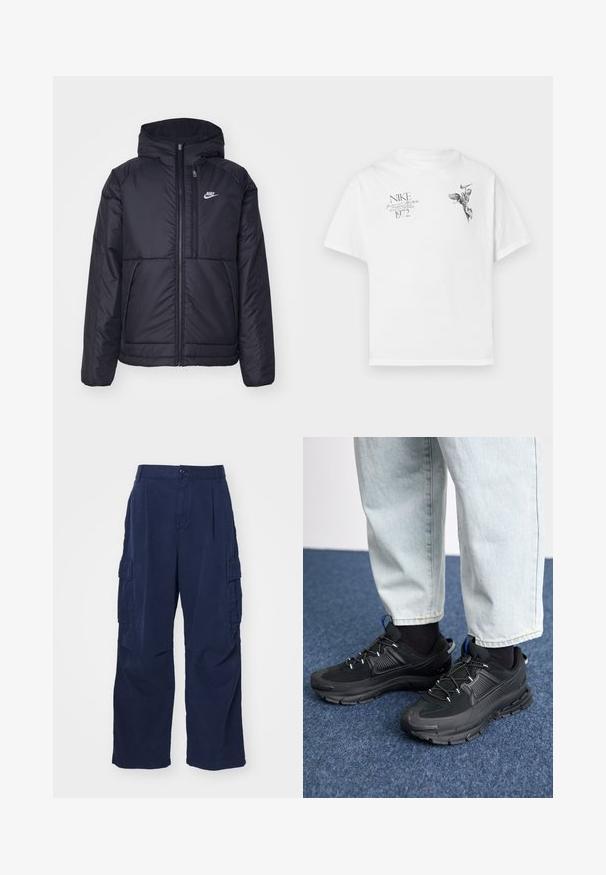 Musta, pehmustettu Nike-takki, jossa on etuvetoketju ja huppu. Vasemmassa rinnassa on valkoinen logo ja takissa on kaksinkertaiset etutaskut. Pintakoe on sileä.; Valkoinen puuvillapaita, jossa on musta graafinen printti siivekkäästä hahmosta ja teksti, pyöreä kaula-aukko ja lyhyt hiha.; Laivastonsiniset cargo-housut, jotka on valmistettu puuvillasta ja joissa on rento istuvuus. Ominaisuuksiin kuuluu kaksi sivutaskua ja nappikiinnitys vyötäröllä. Silkkinen pinta ja suorat lahkeet.; Mustat urheilukengät, joissa on teksturoitu kangas ja kumipohjat, elastiset nauhat ja sininen yksityiskohta kannassa. Yhdistetty vaaleisiin farkkuihin.