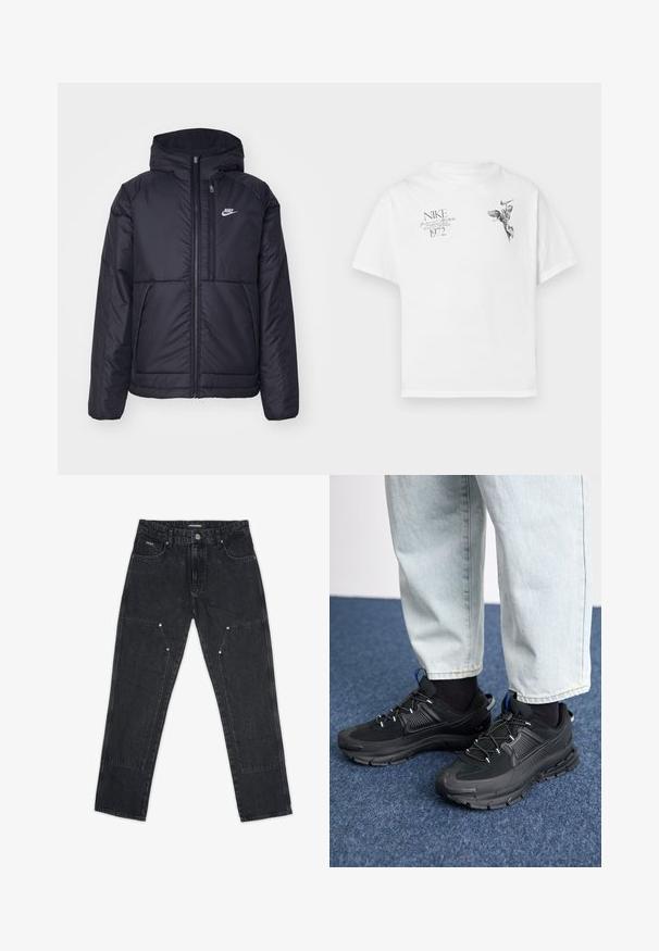 Juodas, paminkštintas Nike džemperis su priekyje užtrauktuku ir gobtuvu. Pasižymi balta logo kairėje krūtinės pusėje ir dviem priekinėmis kišenėmis. Su lygiu išoriniu paviršiumi.; Balta medvilninė marškinėlių su apvaliu kaklu ir trumpomis rankovėmis, ant kurios yra juodas grafikas sparnuoto figūros ir tekstas.; Pegador VINTO CARPENTER - Dailidės stiliaus džinsai - washed black; Juodi sportiniai bateliai su tekstūruota medžiaga ir guminiais padais, su elastingomis raišteliais ir mėlynu akcentu ant kulno. Dėvimi su šviesiai mėlynomis džinsinėmis kelnėmis.