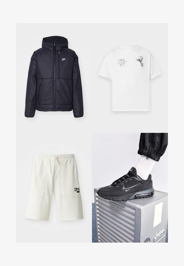 Czarna, pikowana kurtka Nike z przednim zamkiem błyskawicznym i kapturem. Posiada białe logo po lewej stronie klatki piersiowej oraz podwójne kieszenie z przodu. Gładka struktura zewnętrzna.; Biała koszulka z bawełny z czarnym graficznym nadrukiem skrzydlatej postaci oraz tekstem, z okrągłym dekoltem i krótkimi rękawami.; Kremowe szorty wykonane z miękkiego materiału, z dwiema dużymi bocznymi kieszeniami i czarnym logo "Converse All Star" na prawej nodze.; Nike Sportswear PULSE czarny
