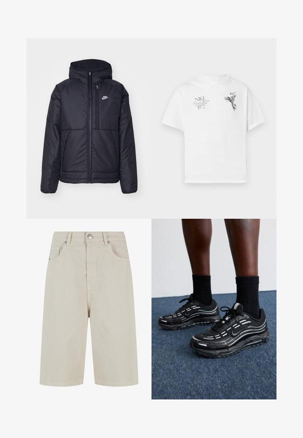 Chaqueta acolchada negra de Nike con cremallera frontal y capucha. Presenta un logo blanco en el lado izquierdo del pecho y dos bolsillos frontales. Textura exterior suave.; Camiseta blanca de algodón con un estampado gráfico negro de una figura alada y texto, con cuello redondo y mangas cortas.; Shorts de denim beige con corte recto, cierre frontal con botón y cuatro bolsillos. La tela tiene una textura suave y un detalle de costura mínimo.; Las zapatillas Nike negras presentan una parte superior de malla con franjas de acento, cordones texturizados y una suela de goma negra. Se llevan con calcetines negros de canalé.