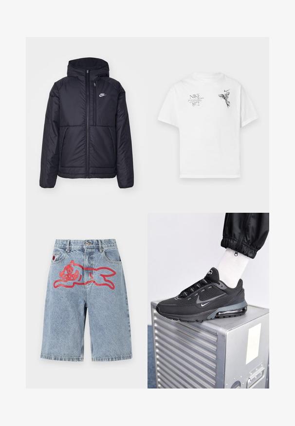 Chaqueta acolchada negra de Nike con cremallera frontal y capucha. Presenta un logo blanco en el lado izquierdo del pecho y dos bolsillos frontales. Textura exterior suave.; Camiseta blanca de algodón con un estampado gráfico negro de una figura alada y texto, con cuello redondo y mangas cortas.; Pantalones cortos de mezclilla azul claro con un ajuste holgado, que presentan un gran gráfico rojo de un animal corriendo en la parte trasera. Diseño de cinco bolsillos con cierre de botón.; Nike Sportswear PULSE - Zapatillas - black/anthracite