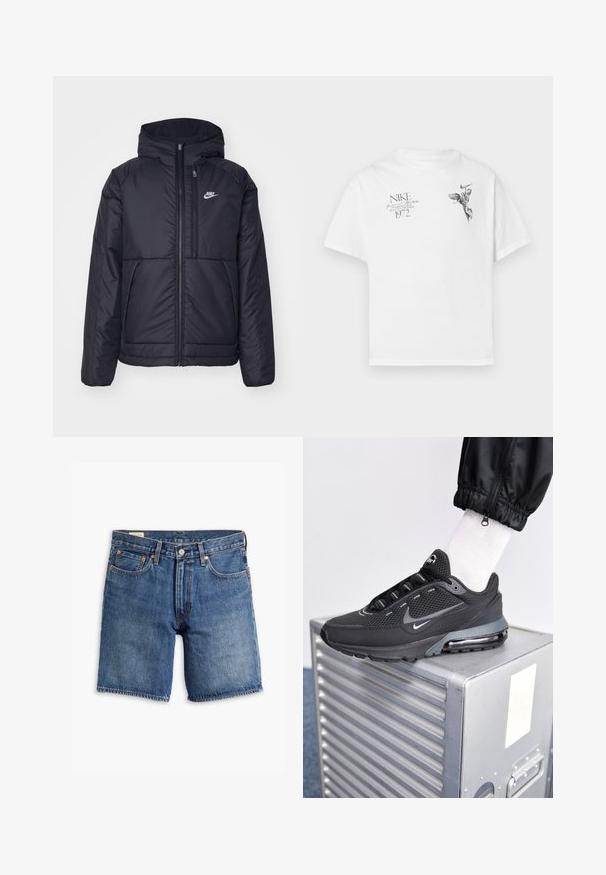 Chaqueta acolchada negra de Nike con cremallera frontal y capucha. Presenta un logo blanco en el lado izquierdo del pecho y dos bolsillos frontales. Textura exterior suave.; Camiseta blanca de algodón con un estampado gráfico negro de una figura alada y texto, con cuello redondo y mangas cortas.; Bermudas de mezclilla en un lavado azul medio con un diseño clásico. Cuenta con cinco bolsillos, cinturas y herrajes en tono cobre. Textura desgastada en toda la prenda.; Nike Sportswear PULSE - Zapatillas - black/anthracite