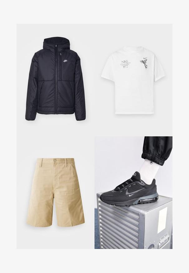 Zwarte, gewatteerde Nike-jas met een voorkant met ritssluiting en capuchon. Kenmerkt zich door een wit logo op de linkerborst en dubbele frontzakken. Gladde buitenkant.; Witte katoenen t-shirt met een zwarte grafische print van een gevleugeld figuur en tekst, met een ronde hals en korte mouwen.; Beige katoenen shorts met een rechte snit, voorzien van een knoopsluiting, ritsvlieg en zijzakken. Gladde textuur en geplooide voorkant.; Nike Sportswear PULSE - Sneakers laag - black/anthracite