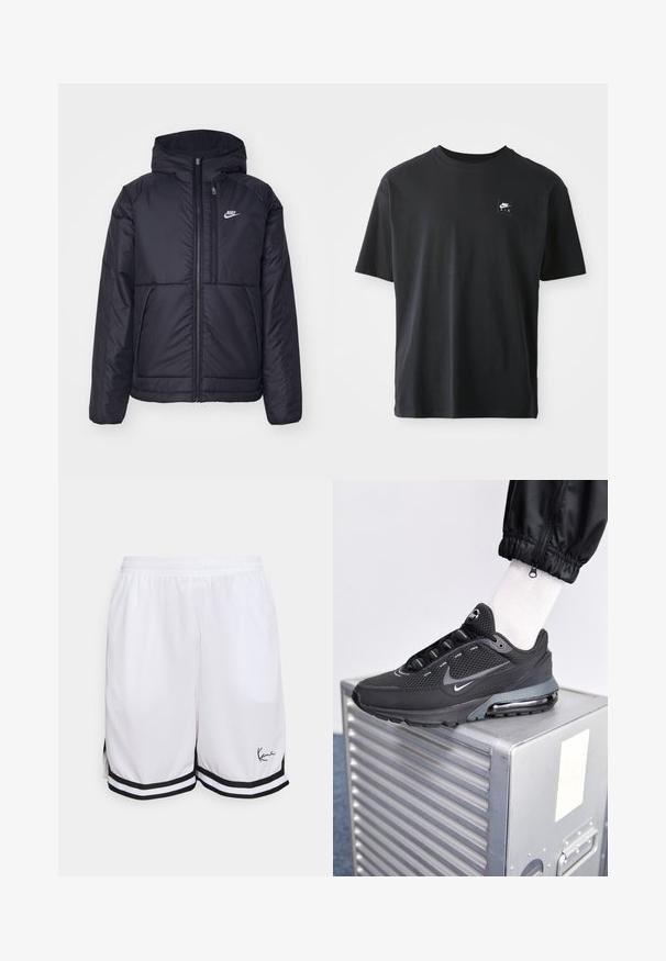 Czarna, pikowana kurtka Nike z przednim zamkiem błyskawicznym i kapturem. Posiada białe logo po lewej stronie klatki piersiowej oraz podwójne kieszenie z przodu. Gładka struktura zewnętrzna.; Czarna bawełniana koszulka z krótkim rękawem, okrągłym dekoltem, z małym prostokątnym logo z napisem "NIKE AIR" na lewej piersi.; Białe sportowe szorty wykonane z lekkiego materiału, z czarnym paskiem na dole i charakterystycznym logo na przedniej dolnej lewej stronie.; Nike Sportswear PULSE czarny