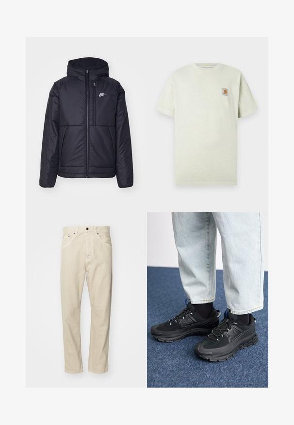 Svart, vadderad Nike-jacka med dragkedja framtill och huva. Har en vit logotyp på vänster bröst och dubbla framfickor. Slät yttextur.; Ljusgrön bomullströja med korta ärmar, rund halsringning och en liten fyrkantig applikation med en logotyp på vänster bröst. Mjuk textur.; Beige bomullsbyxor med rak benmodell, fem fickor och metalldetaljer. Slät textur med minimala sömnadsdetaljer.; Svarta sportskor med texturerat tyg och gummisulor, med elastiska snörningar och en blå detalj på hälen. Bärs med ljusa jeans.