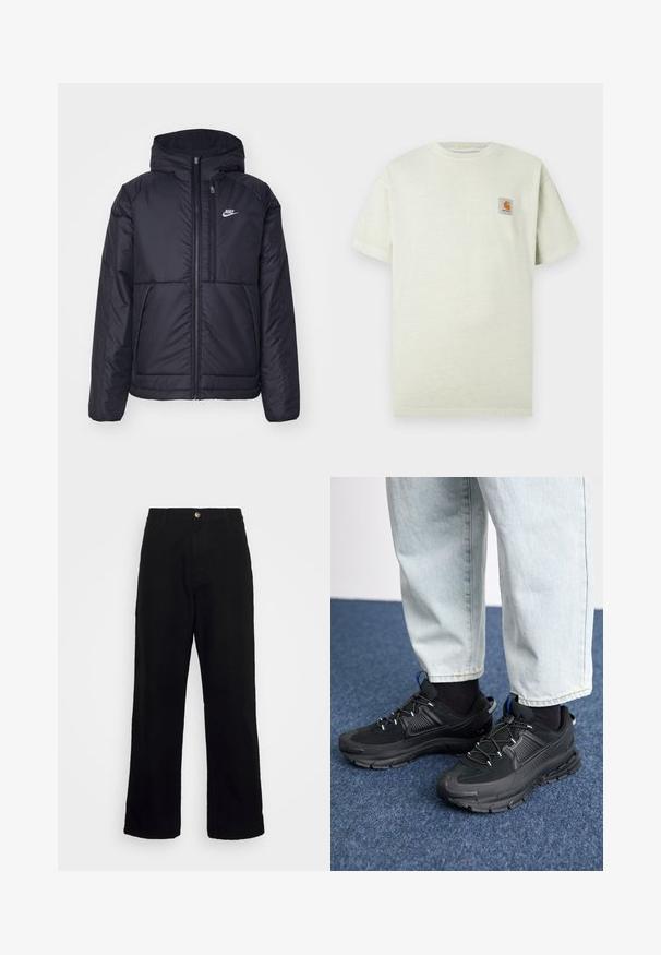 Musta, pehmustettu Nike-takki, jossa on etuvetoketju ja huppu. Vasemmassa rinnassa on valkoinen logo ja takissa on kaksinkertaiset etutaskut. Pintakoe on sileä.; Vaaleanvihreä puuvillapaita, jossa on lyhyet hihat, pyöreä kaula-aukko ja pieni neliömäinen logo-patch vasemmassa rinnassa. Pehmeä pinta.; Mustat housut, jotka on valmistettu raskasta kangasta, suoran lahkeen muotoilu, etutaskut, vetoketjusulku ja yksi metallinen napitus.; Mustat urheilukengät, joissa on teksturoitu kangas ja kumipohjat, elastiset nauhat ja sininen yksityiskohta kannassa. Yhdistetty vaaleisiin farkkuihin.