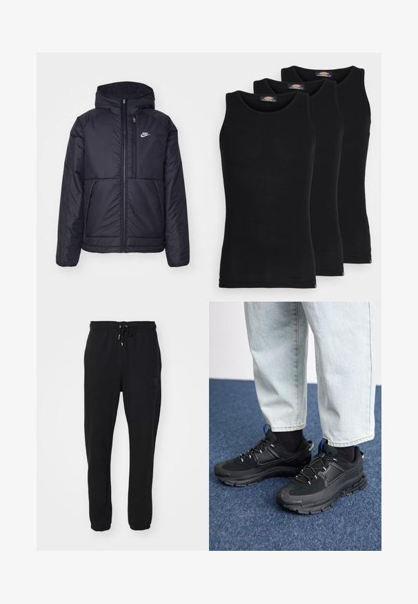 Černá zateplená bunda Nike s předním zipem a kapucí. Na levé straně hrudi má bílé logo a dvojité přední kapsy. Hladký povrch.; Černé tílka v balení po třech. Žebrovaná textura, standardní kulatý výstřih, bez rukávů. Spodní lem má malé logo značky.; Černé teplákové kalhoty s elastickým pasem a nastavitelnou šnůrkou, s manžetami na kotník a decentním logem na boku.; Černé sportovní boty s texturovanou tkaninou a gumovou podrážkou, s elastickými tkaničkami a modrým akcentem na patě. Nosí se s světlými džíny.