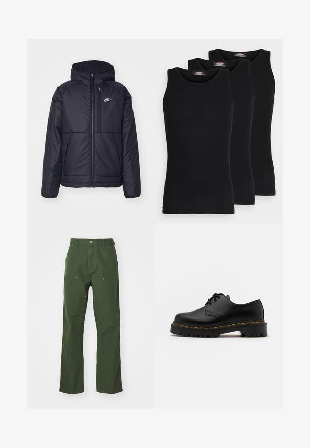 Musta, pehmustettu Nike-takki, jossa on etuvetoketju ja huppu. Vasemmassa rinnassa on valkoinen logo ja takissa on kaksinkertaiset etutaskut. Pintakoe on sileä.; Mustat hihattomat t-paidat kolmessa paketissa. Ribbed-kudontaa, tavallinen crew-kaarroke, ilman hihoja. Helmaosa sisältää pienen brändilogon alareunassa.; Vihreät puuvillahousut suoranlahkeisella muotoilulla, joissa on etu- ja takataskut, kultapintaiset yksityiskohdat ja vahvistetut polvipaikat.; Musta nahkainen nauhakenkä, jossa on pyöreä kärki, kuvioitu kumipohja ja keltaiset tikit ympäri pohjaa. Litteä muotoilu ja sileä pinta.